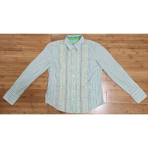 Robert Graham Women Large Button Up Shirt Top Stripe Flip Cuff Green Embroidered